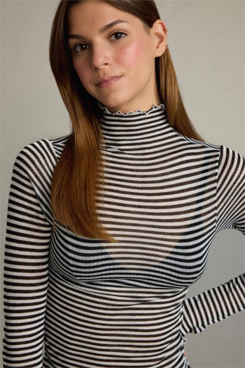 نساء أسود تيشيرت مخطط ردن طويل بياخة عالية