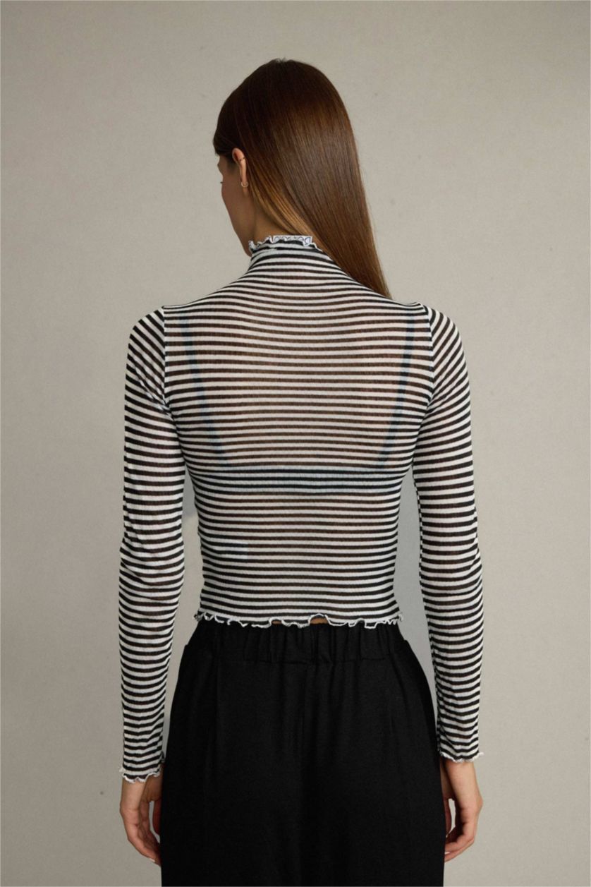 نساء أسود تيشيرت مخطط ردن طويل بياخة عالية