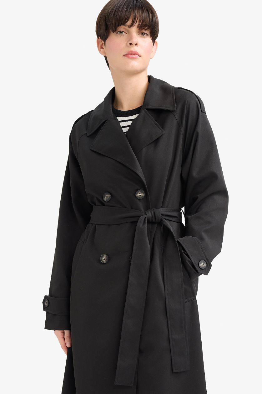 نساء أسود ترانش كوت قصة مريحة مقاوم للماء