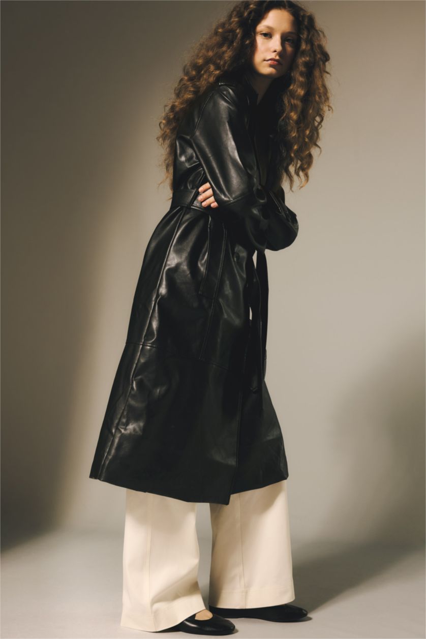 حريمي أسود ترانش كوت طويل جلد صناعي قصة عادية