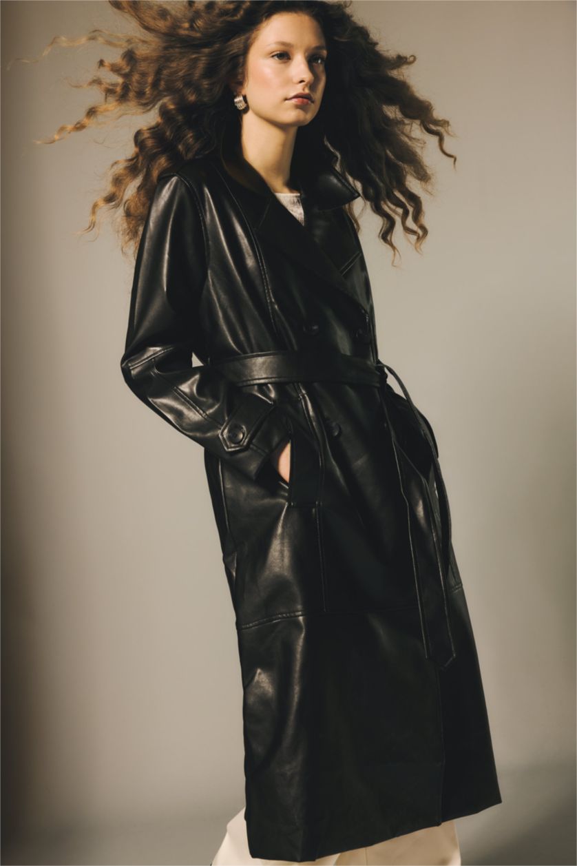 حريمي أسود ترانش كوت طويل جلد صناعي قصة عادية