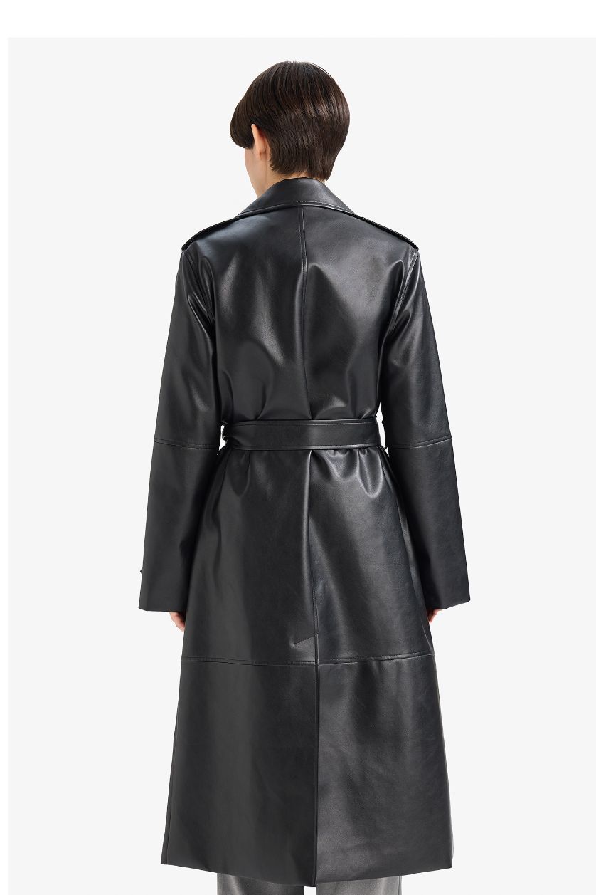 Kadın Siyah Regular Fıt Suni Deri Trençkot