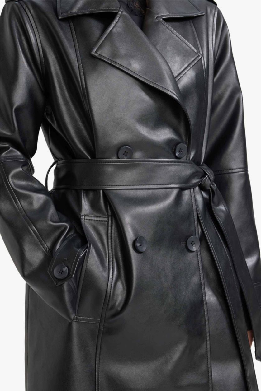 حريمي أسود ترانش كوت طويل جلد صناعي قصة عادية