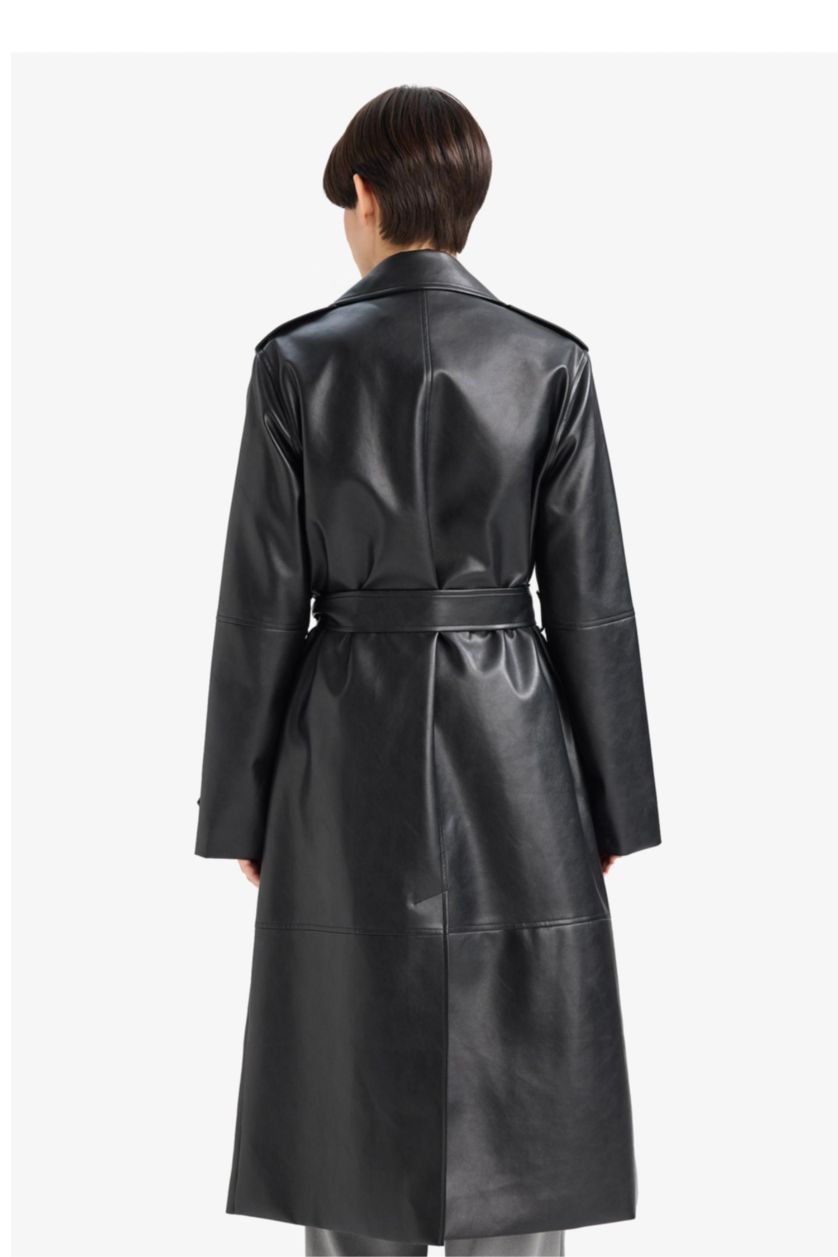 حريمي أسود ترانش كوت طويل جلد صناعي قصة عادية