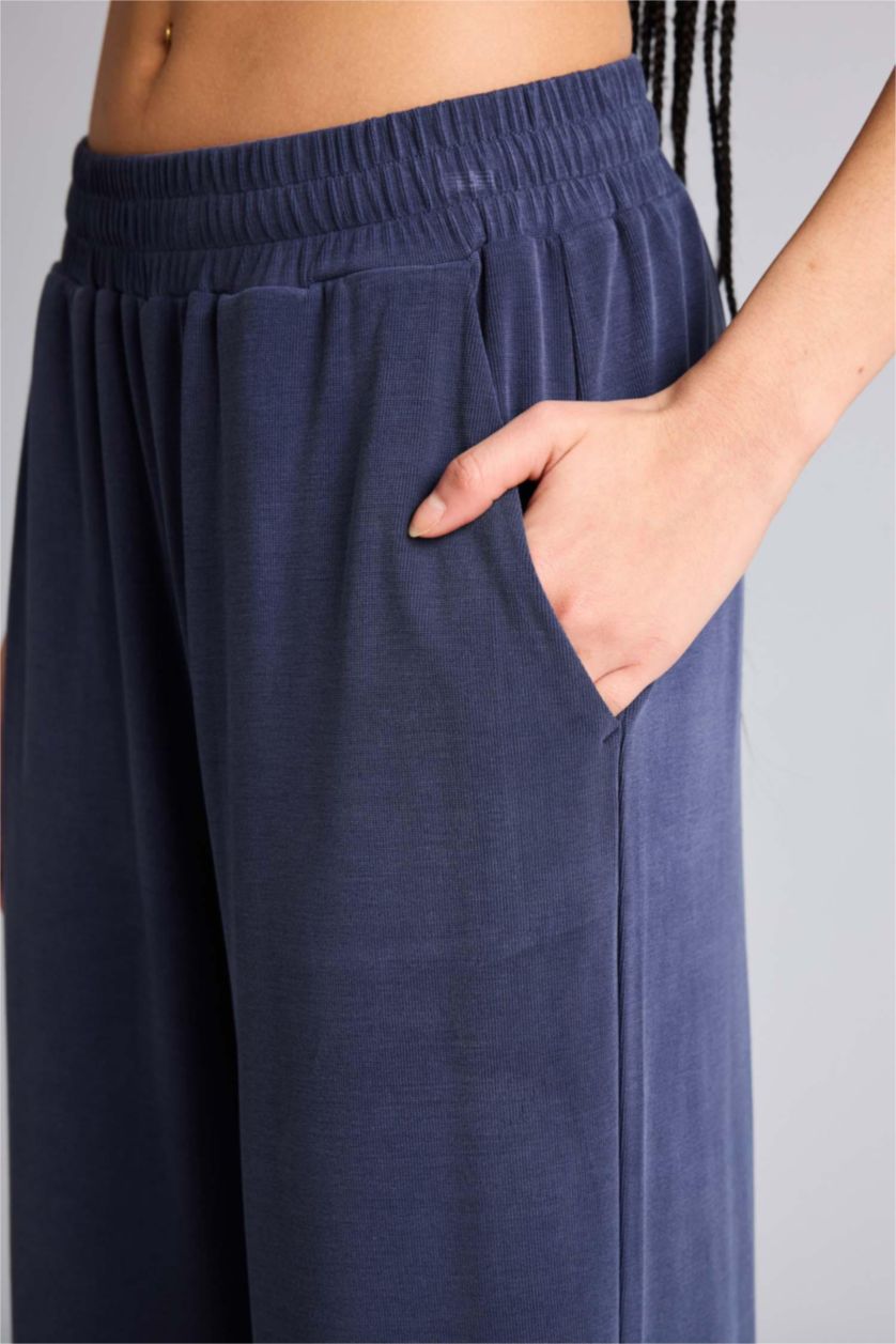 Женщины Синий Спортивные брюки Wide Leg из модала со стандартной длиной и широкими штанинами