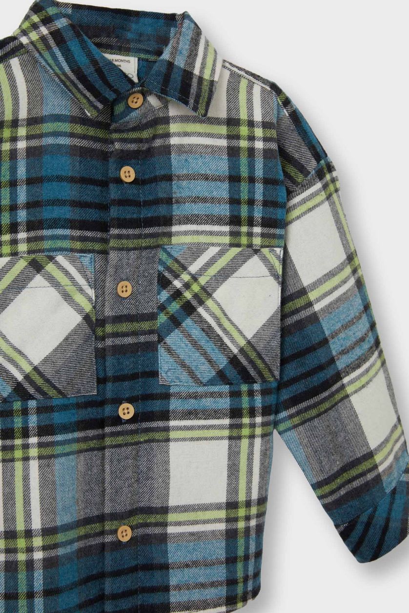 Erkek Bebek Ekru Ekose Desenli Flanel Uzun Kollu Gömlek Erkek Bebek