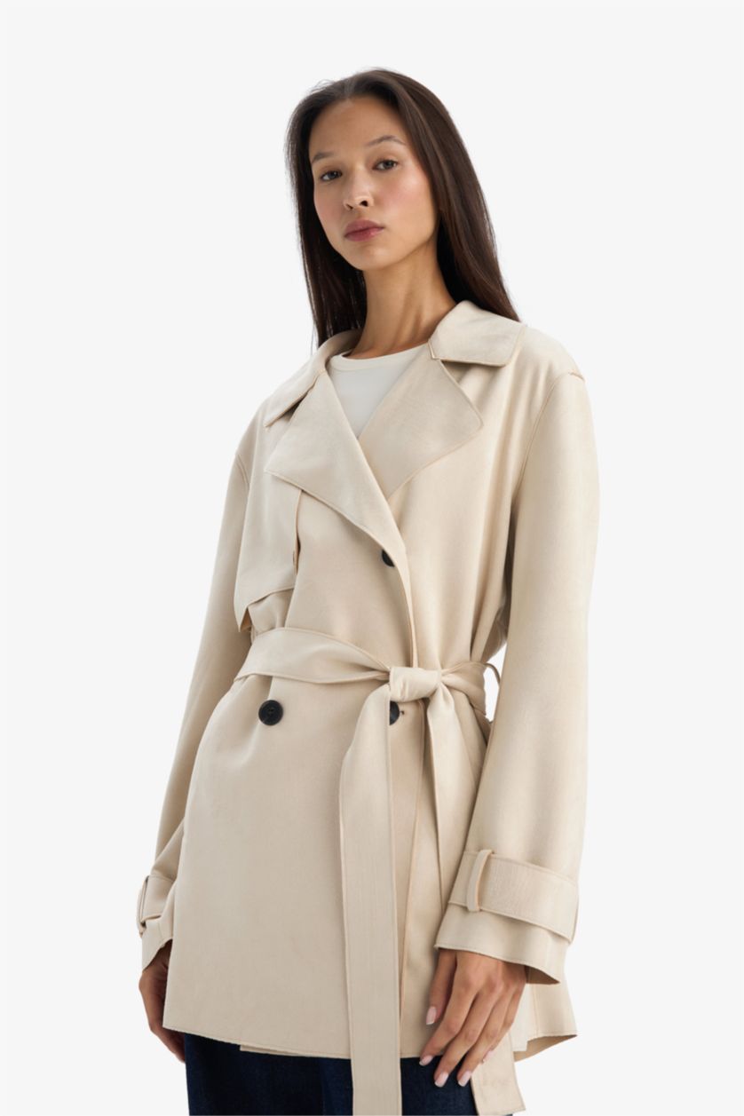 WOMAN Ecru Regular Fit Suede Trenchcoat