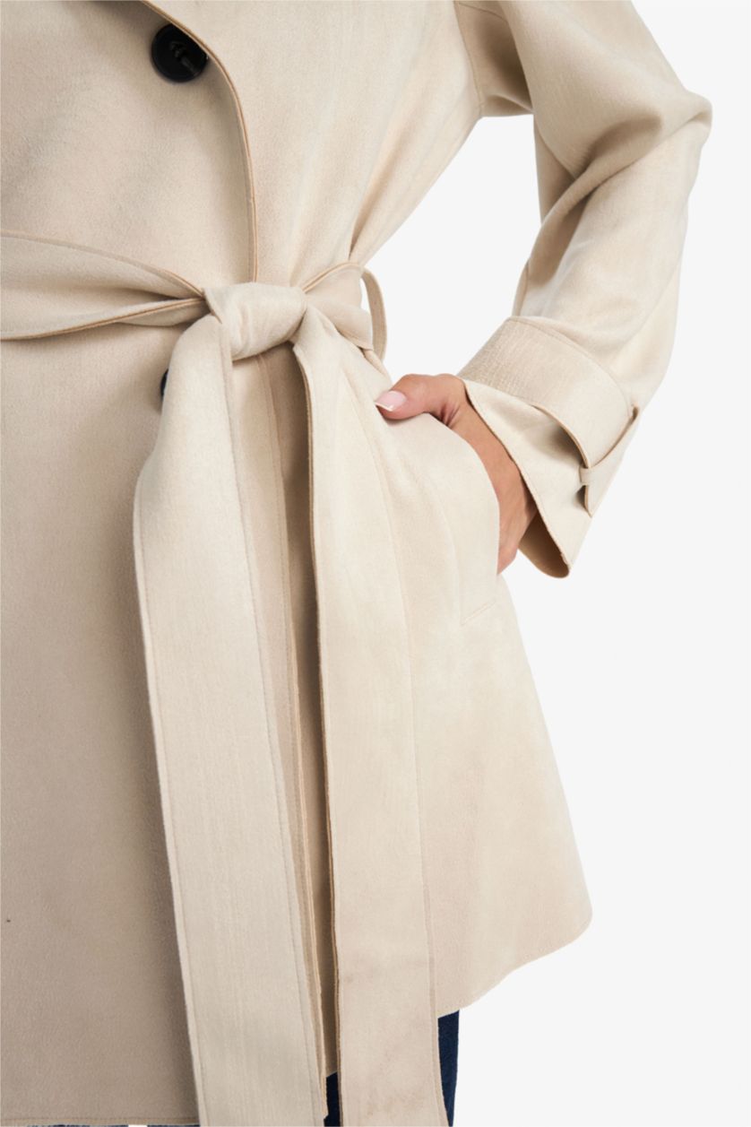WOMAN Ecru Regular Fit Suede Trenchcoat