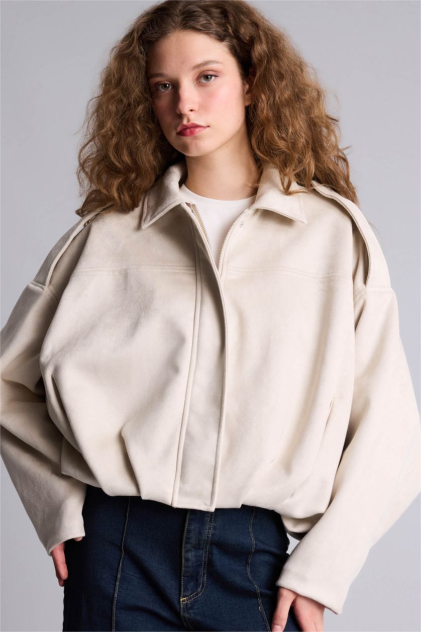 Kadın Ekru Su Geçirmez Regular Fıt Süet Mont