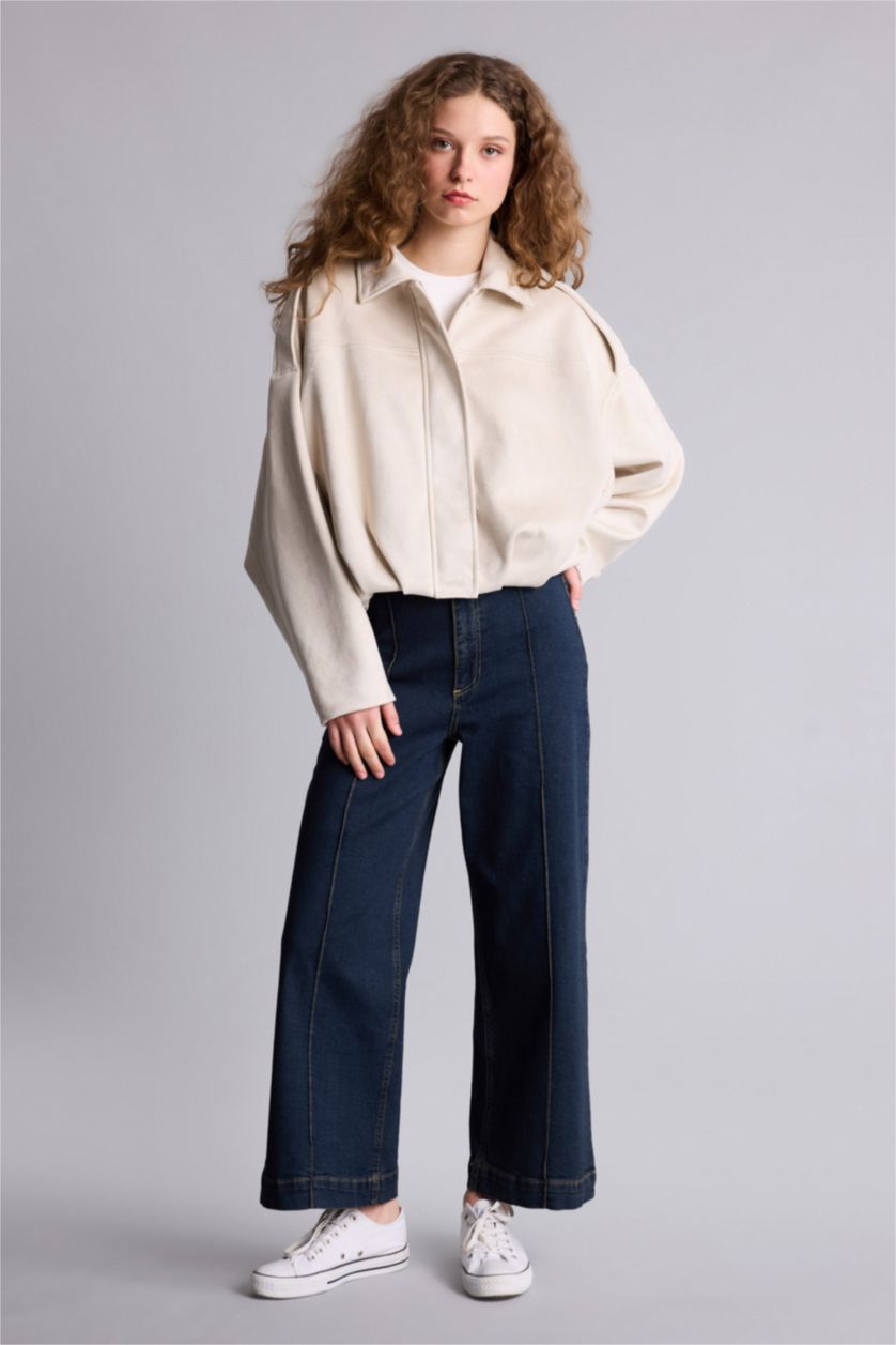 Kadın Ekru Su Geçirmez Regular Fıt Süet Mont