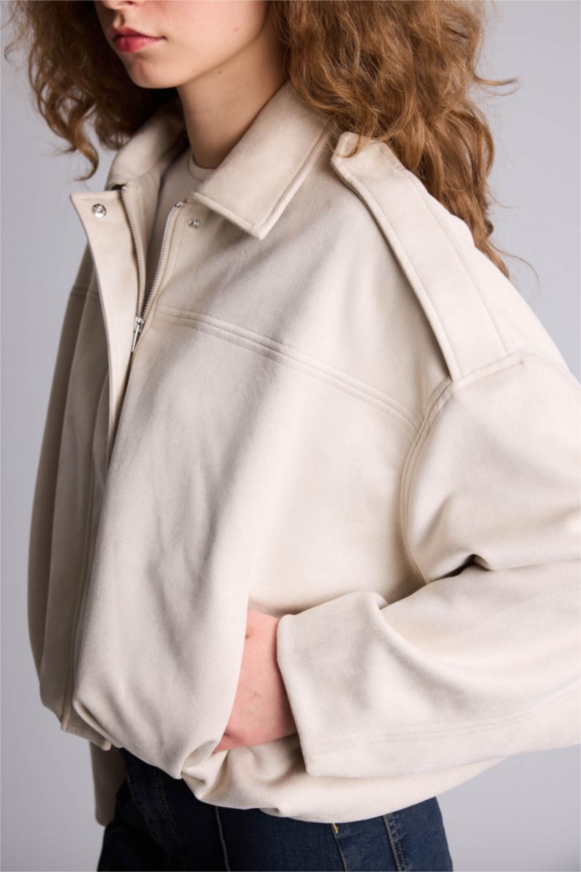 Kadın Ekru Su Geçirmez Regular Fıt Süet Mont