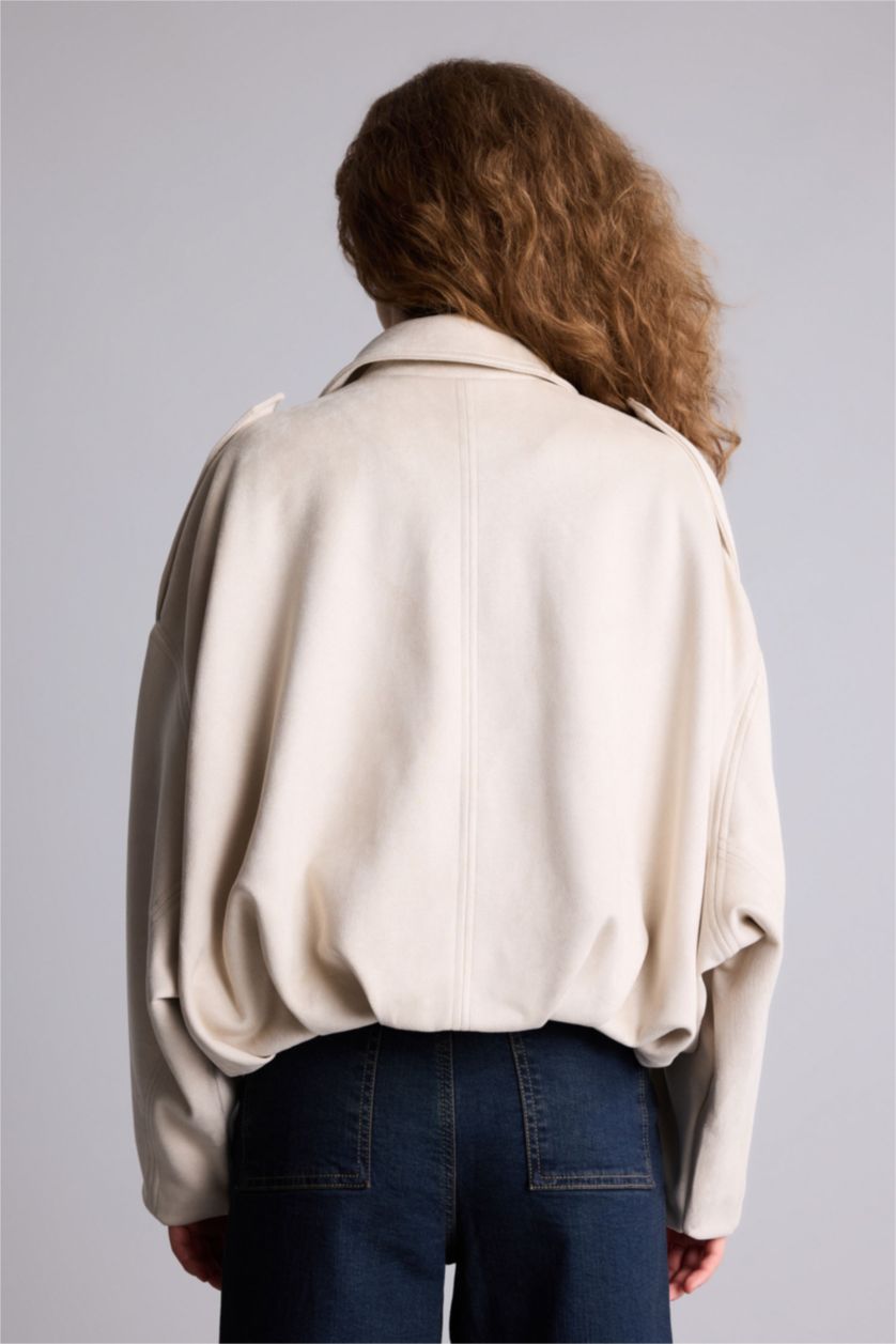 Kadın Ekru Su Geçirmez Regular Fıt Süet Mont