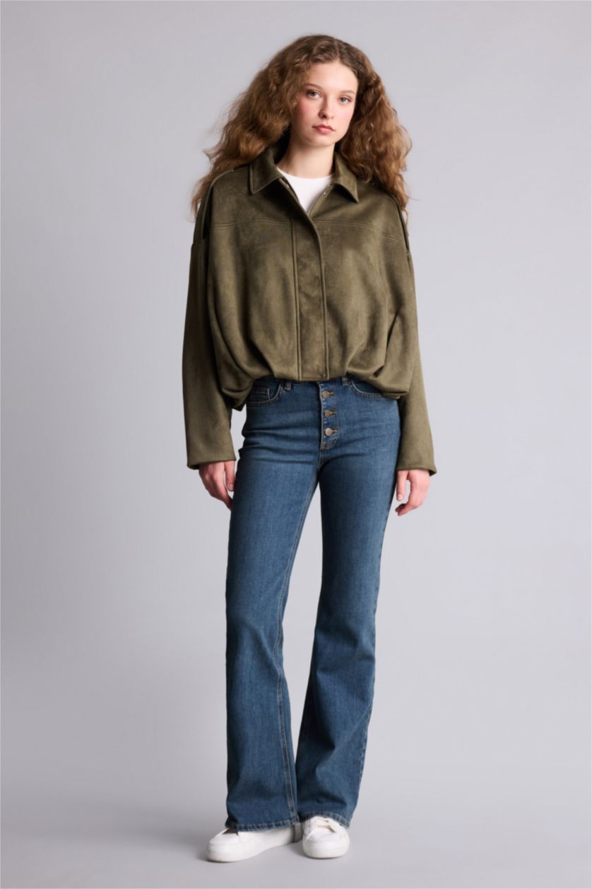 Kadın Haki Su Geçirmez Regular Fıt Süet Mont