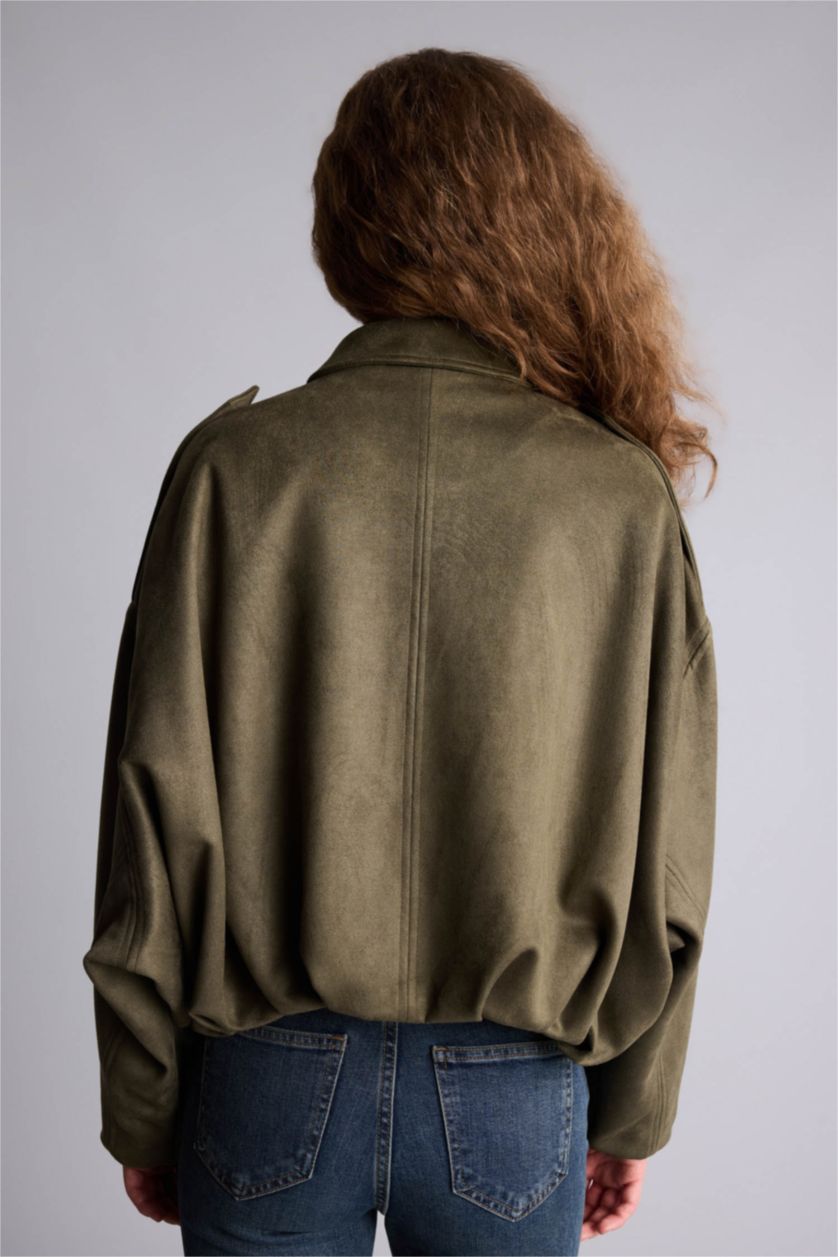 Kadın Haki Su Geçirmez Regular Fıt Süet Mont