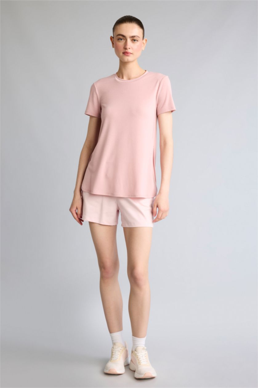 Women Rose Long Fit Crew Neck Sports T-Shirt