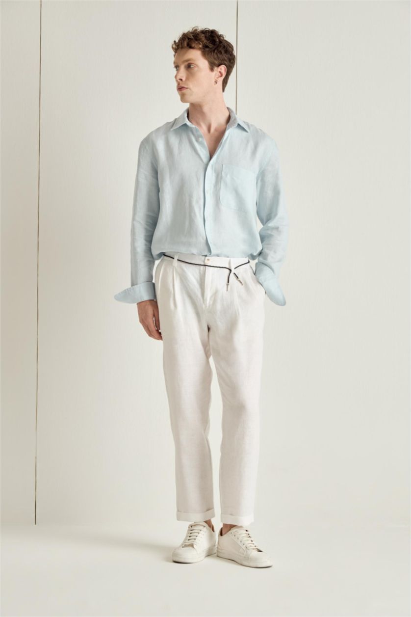 Man Light Blue Linen Long Sleeve Shirt
