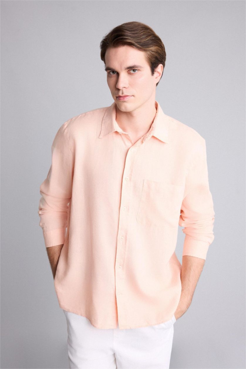 Man Salmon 100% Linen Long Sleeve Shirt