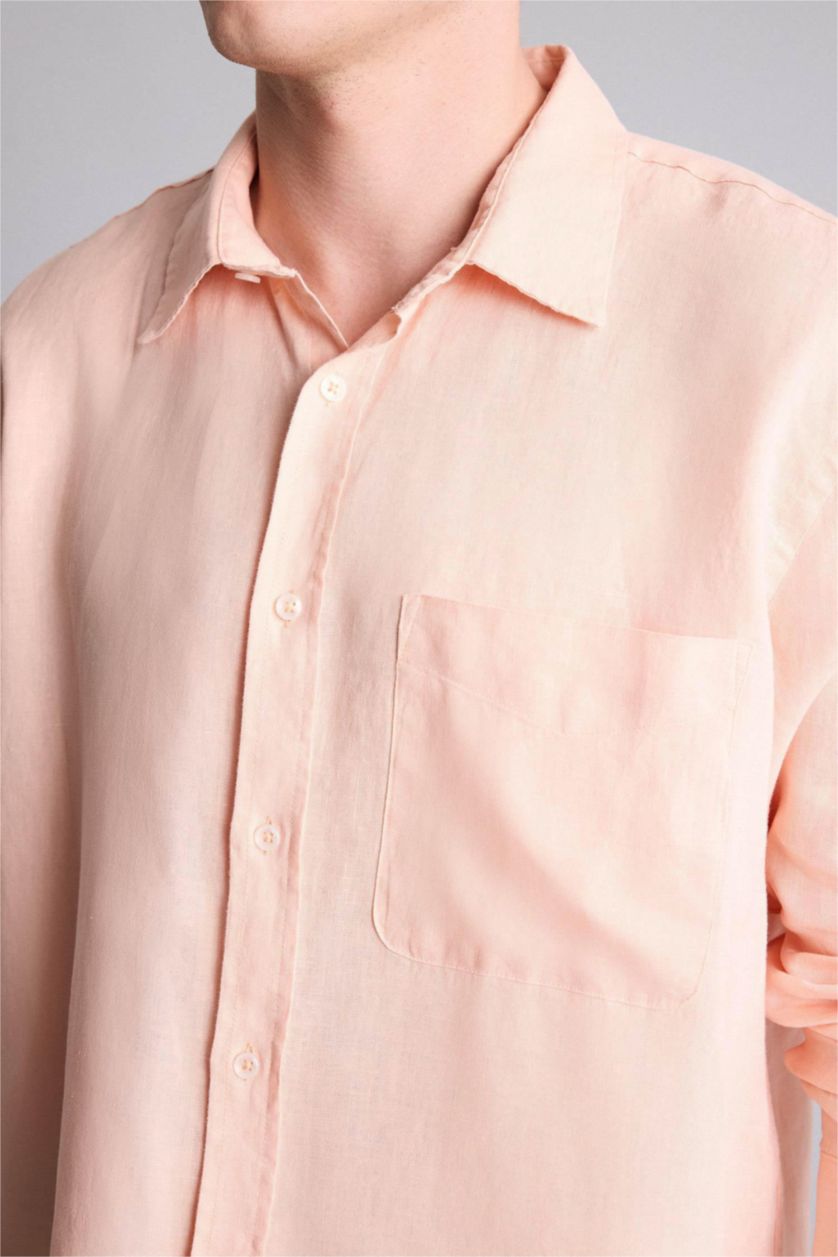 Man Salmon 100% Linen Long Sleeve Shirt