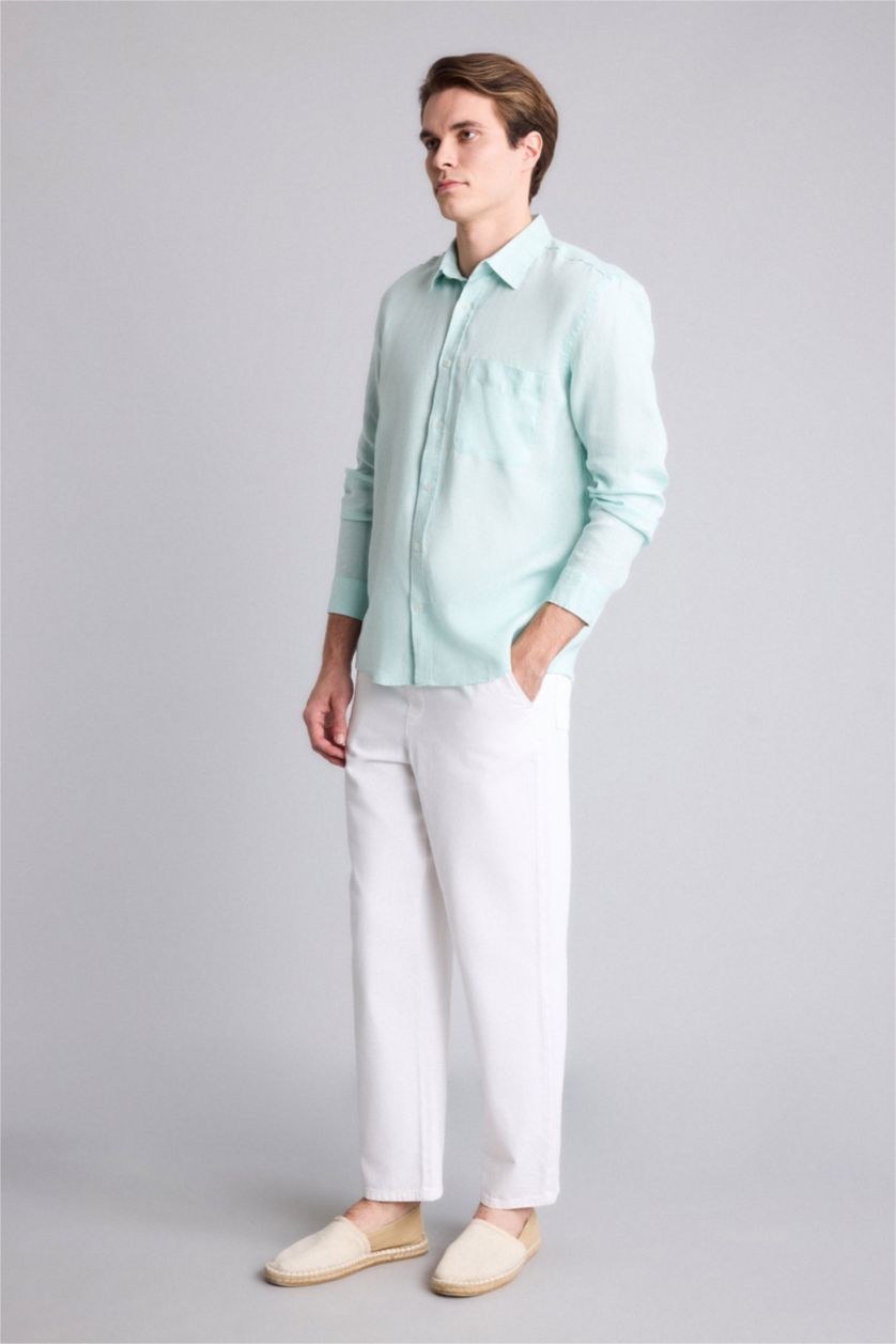 Men Aqua Linen Long Sleeve Shirt