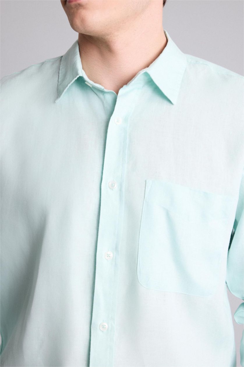 Men Aqua Linen Long Sleeve Shirt