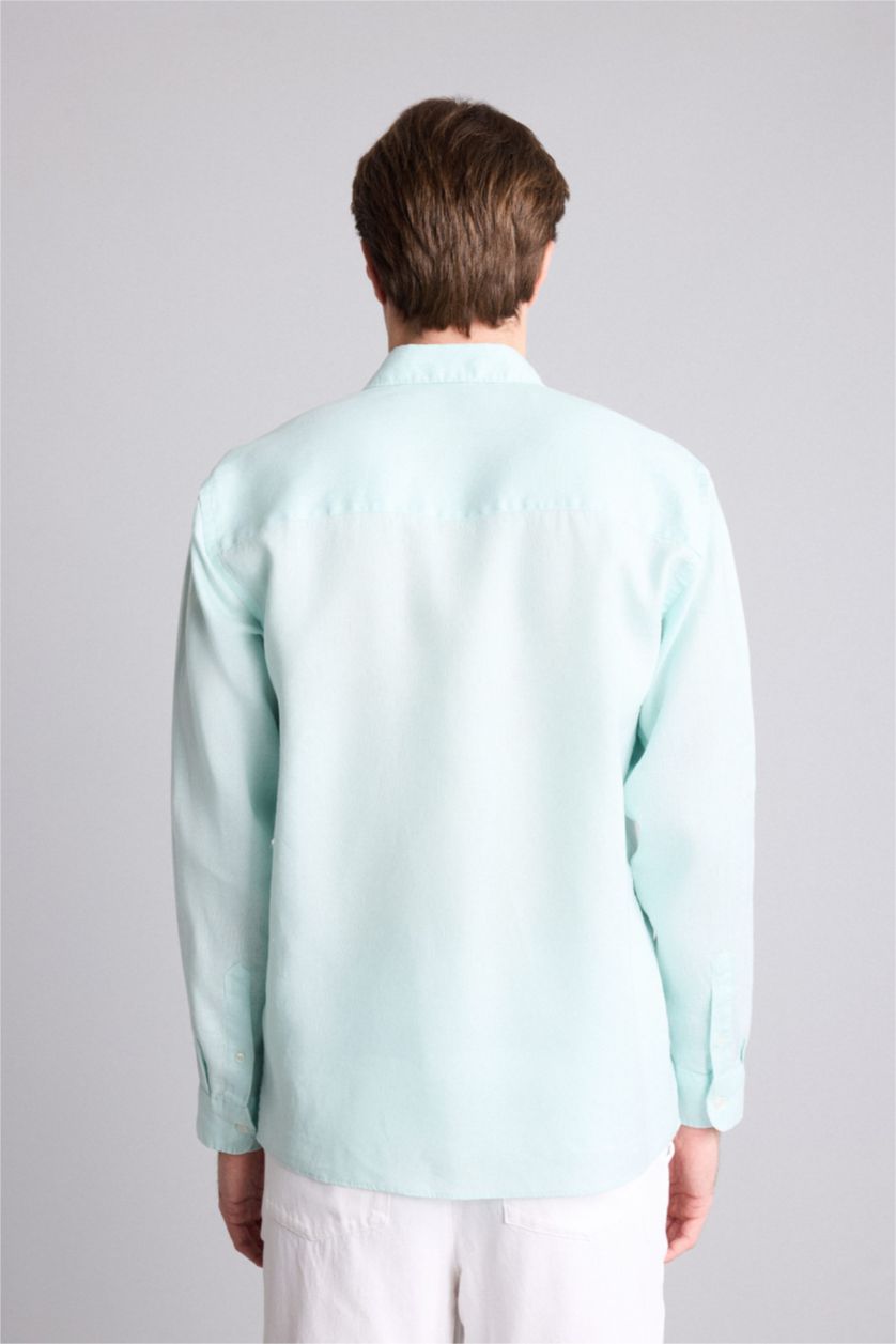 Men Aqua Linen Long Sleeve Shirt