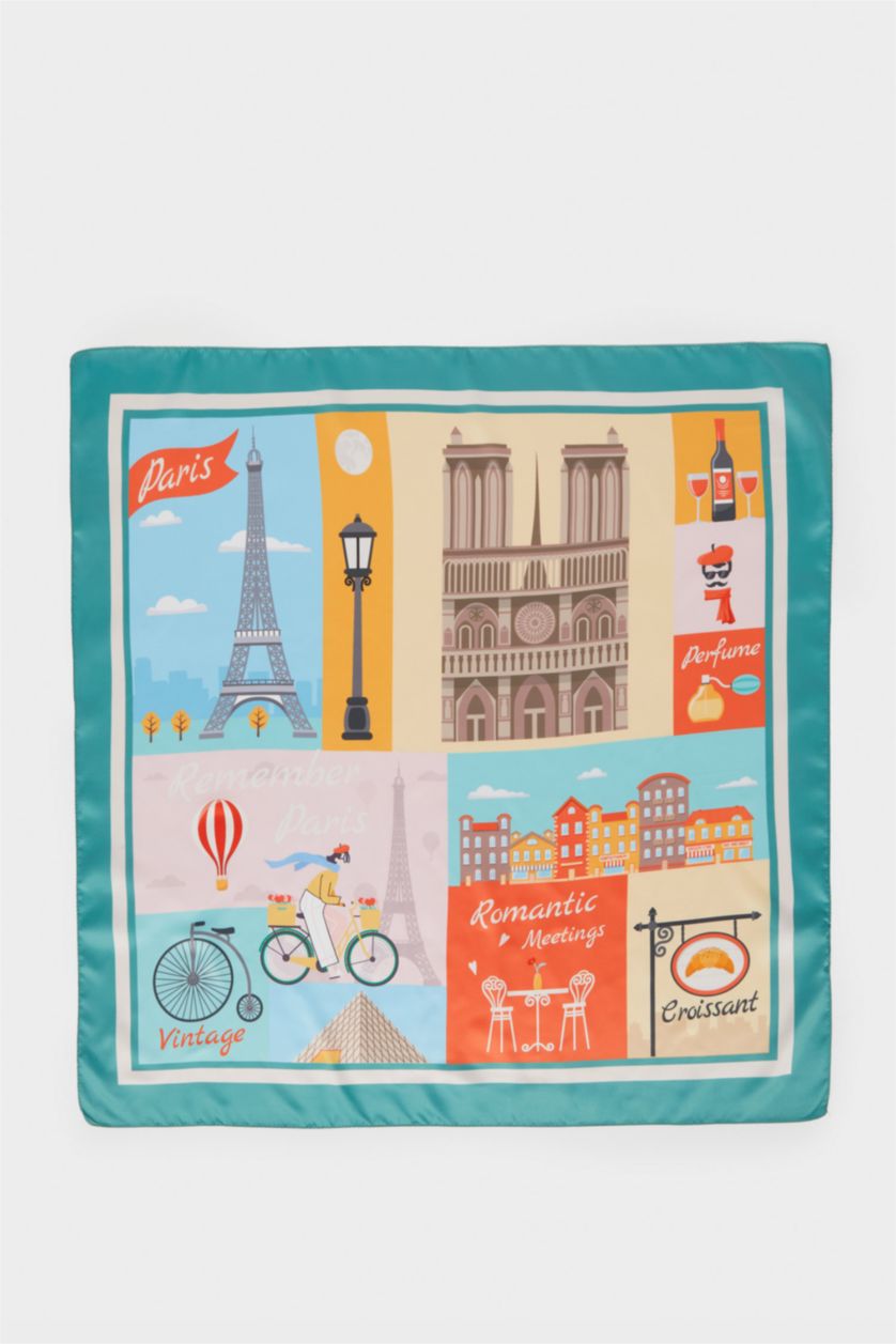 Kadın Kırmızı Kadın Paris Temalı Fular