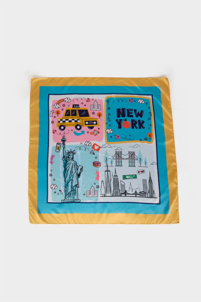 Kadın Mavi Kadın New York Temalı Fular