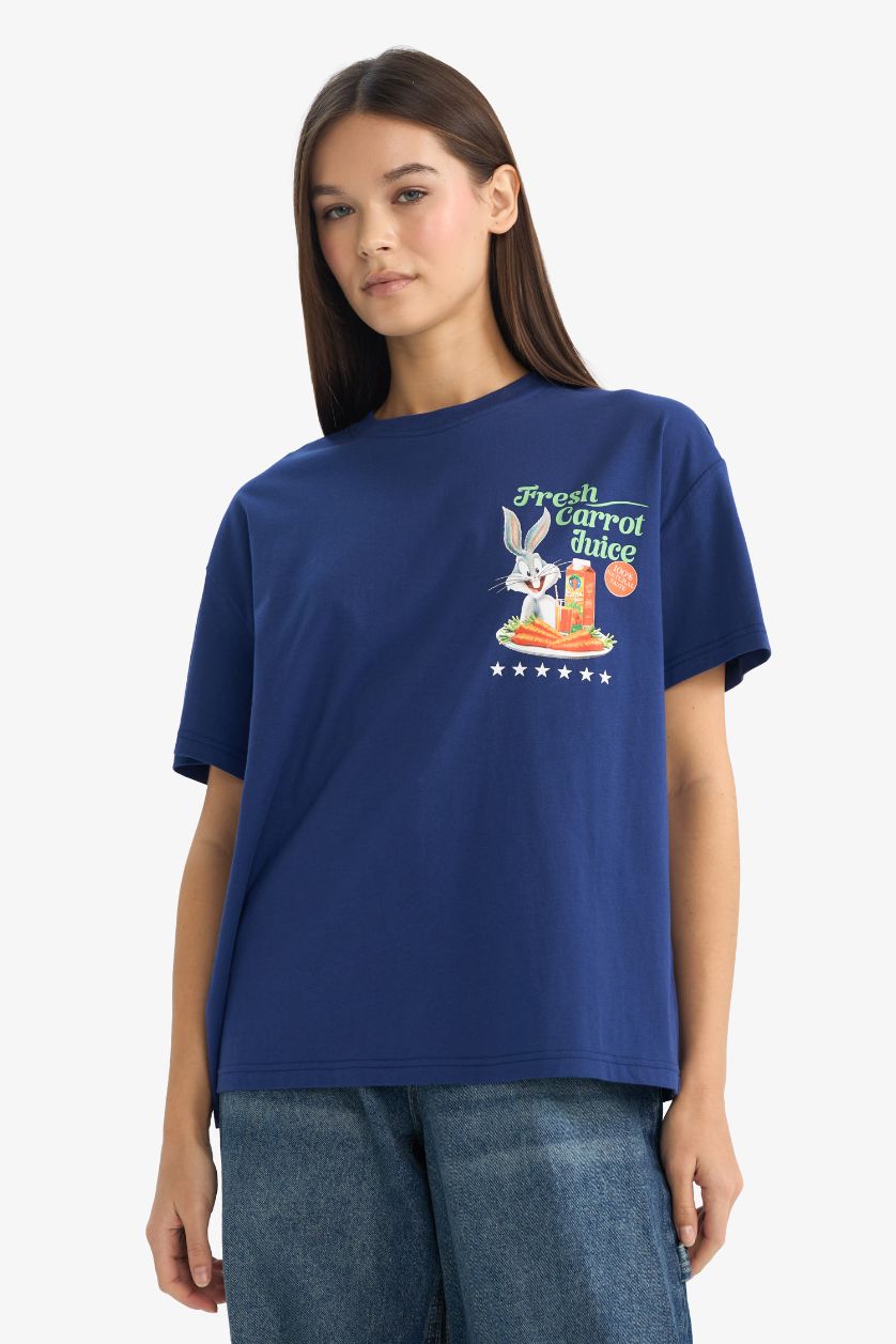 حريمي نيلي تيشيرت نص كم اوفر سايز من لوني تونز