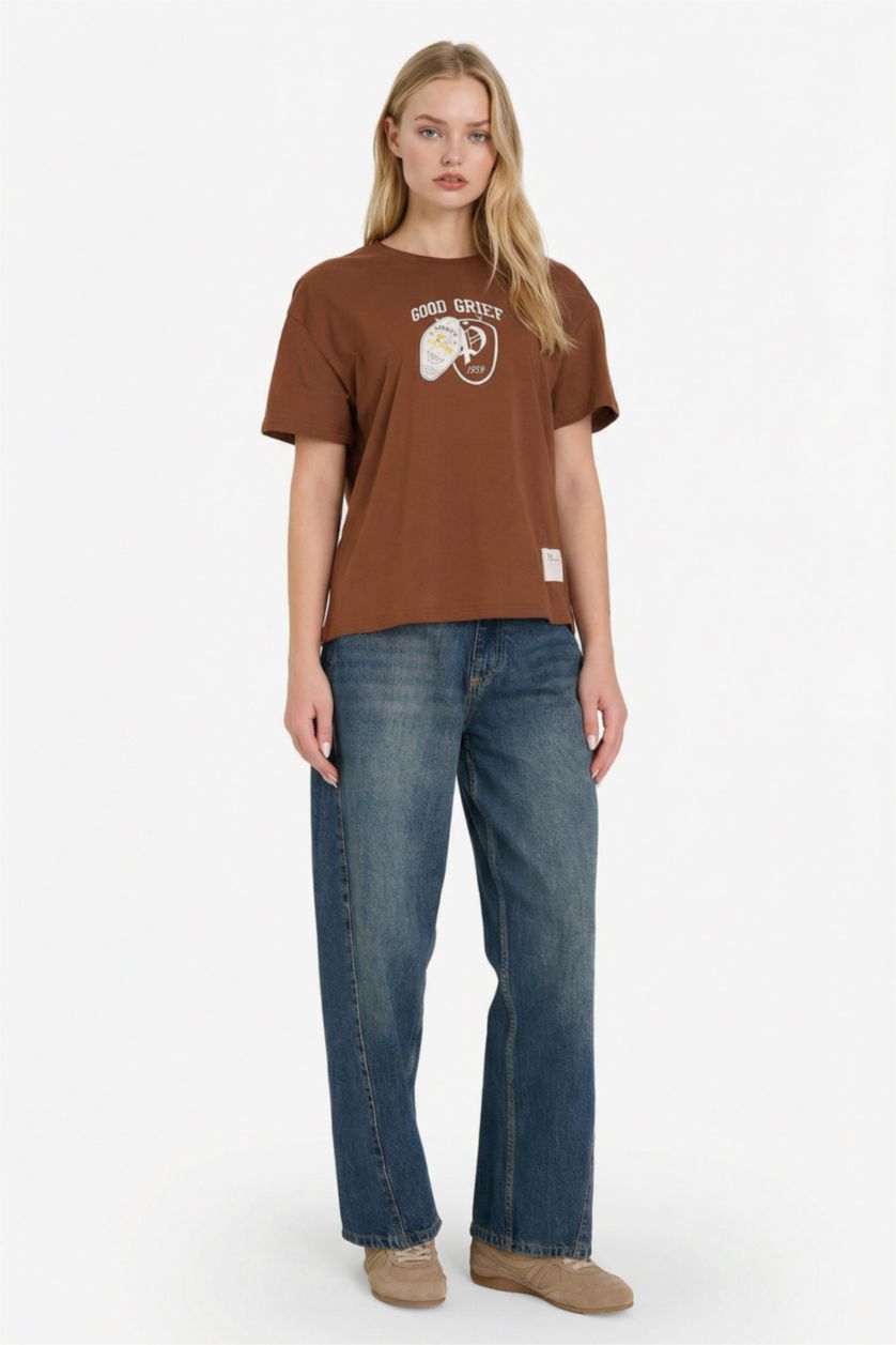 WOMAN Brown Snoopy Oversize Fit Crew Neck Printed T-Shirt