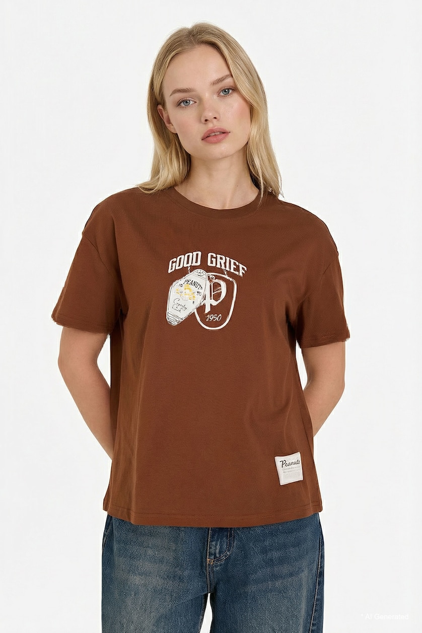 WOMAN Brown Snoopy Crew Neck Printed Oversize T-Shirt