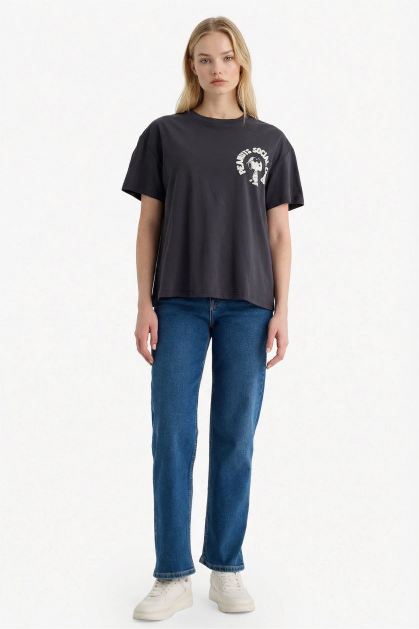 WOMAN Anthracite Oversize Fit Snoopy Print Short Sleeves T-shirt