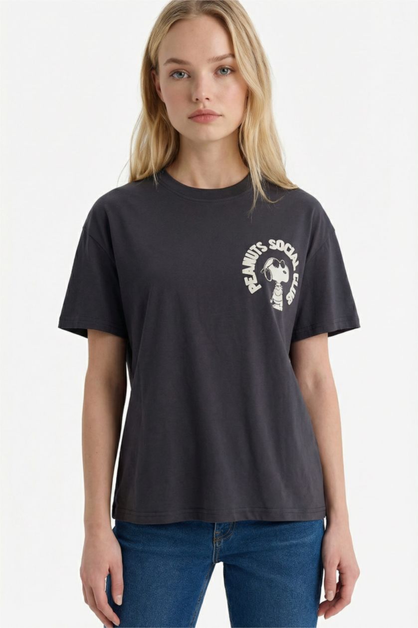 WOMAN Anthracite Oversize Fit Snoopy Print Short Sleeves T-shirt