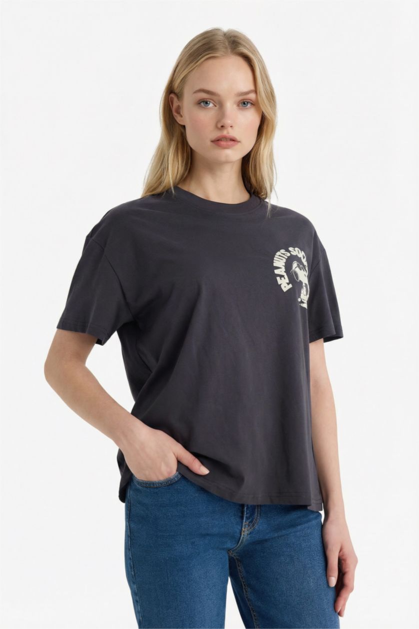 WOMAN Anthracite Oversize Fit Snoopy Print Short Sleeves T-shirt