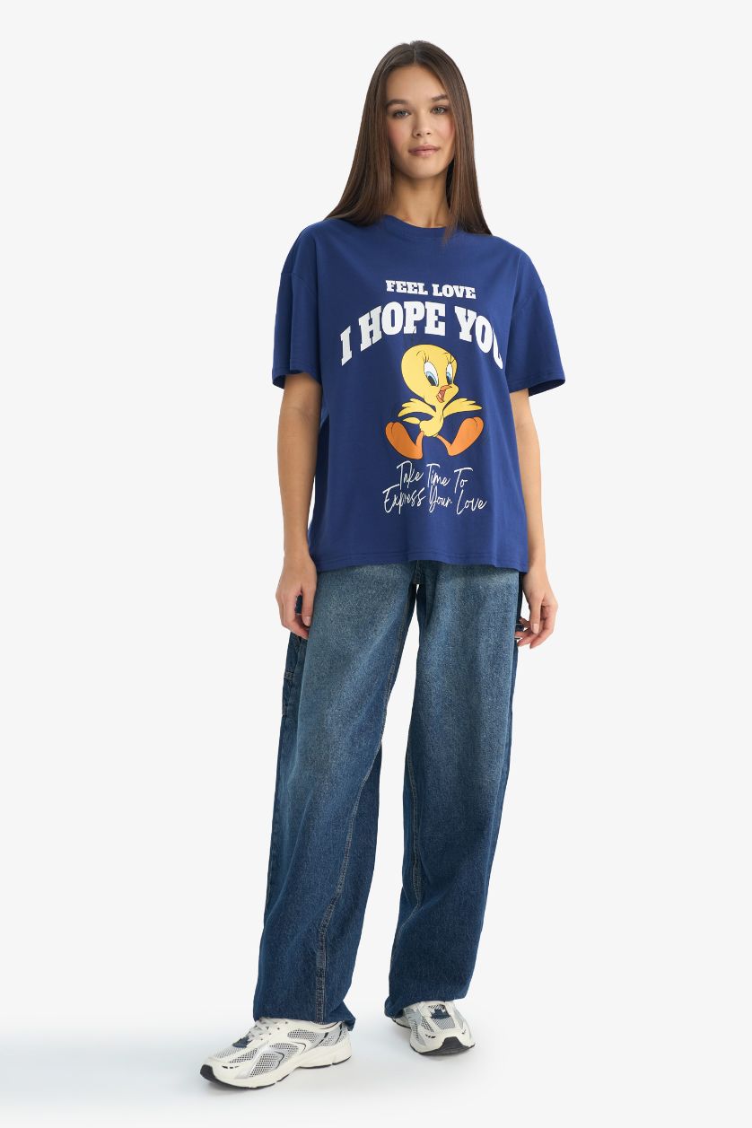 Woman Indigo Looney Tunes Oversize Fit Printed Short Sleeve T-Shirt