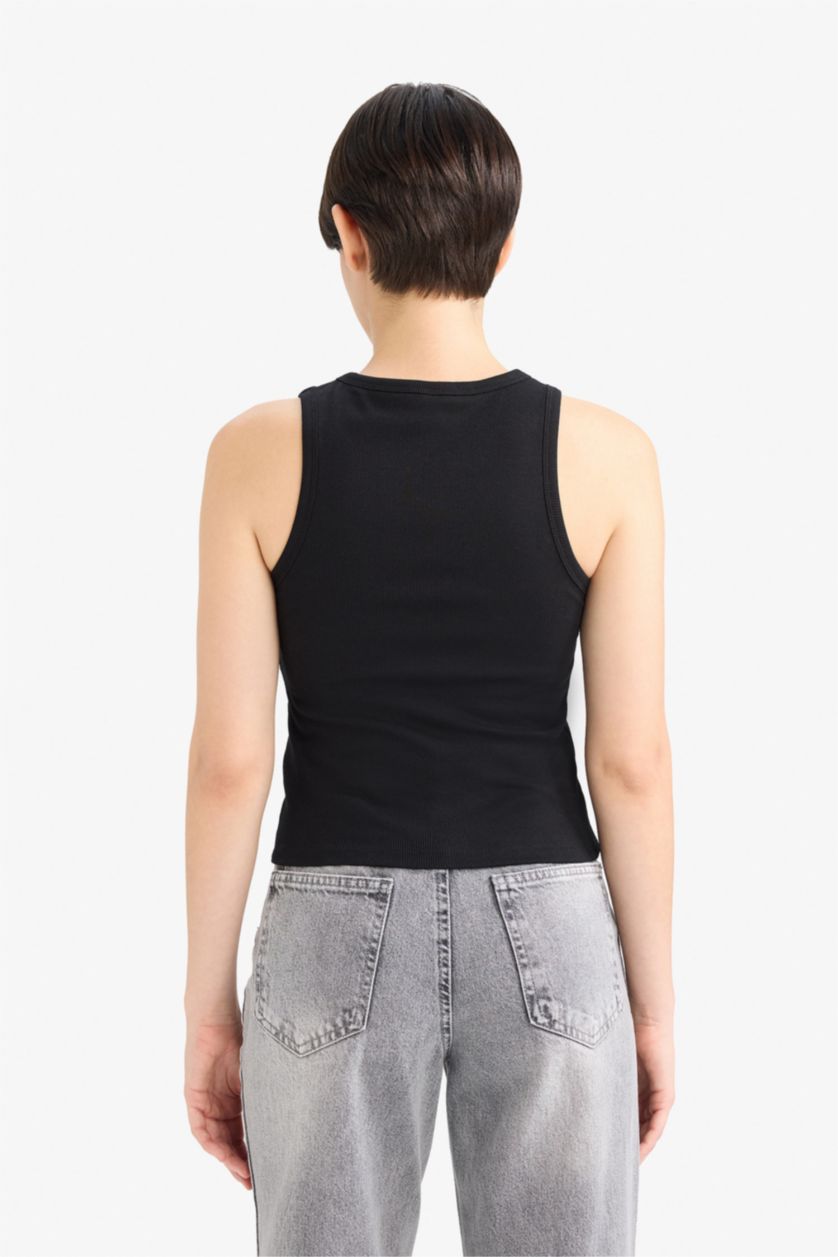 WOMAN Black Slim Fit Basic Camisole Halter Collar Tank Top