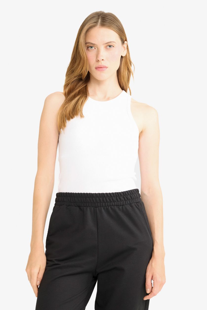 Kadın Violet Beyaz Slim Fit Dar Kesim Basic Düz Halter Yaka Fitilli Kaşkorse Pedli Atlet