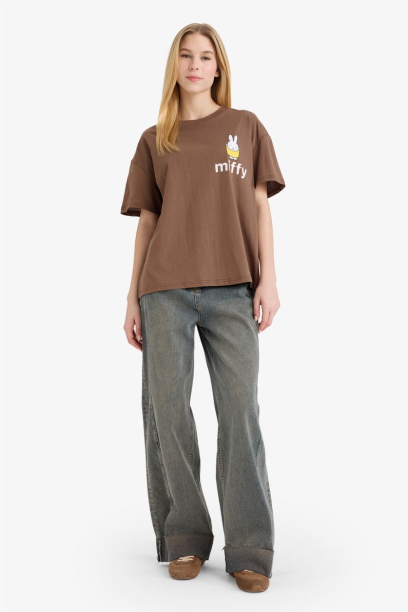 Женщины Коричневый Футболка оверсайз с принтом и коротким рукавом