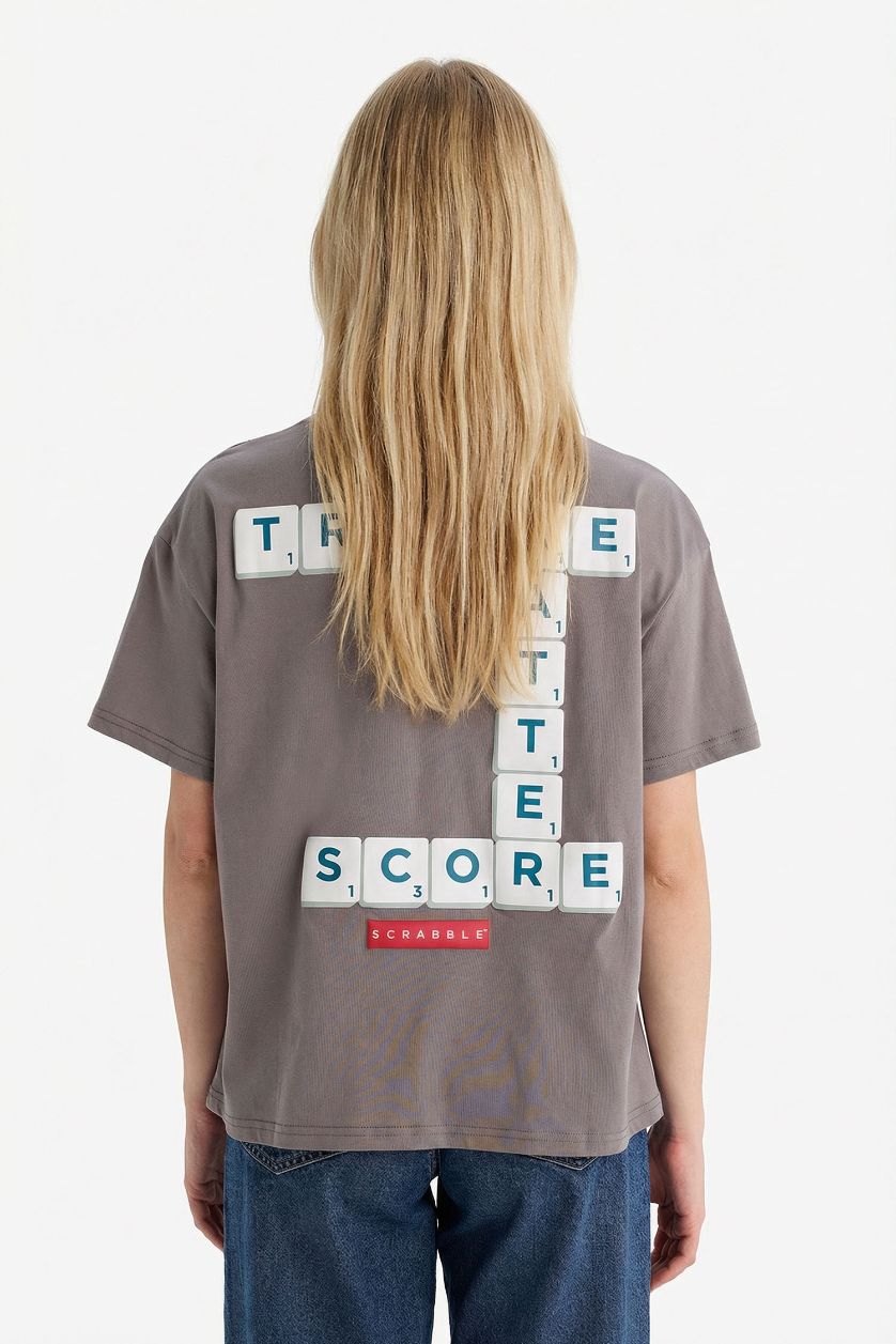 نساء رمادي داكن تيشيرت نص ردن اوفر سايز مطبوع ورقبة مستديرة