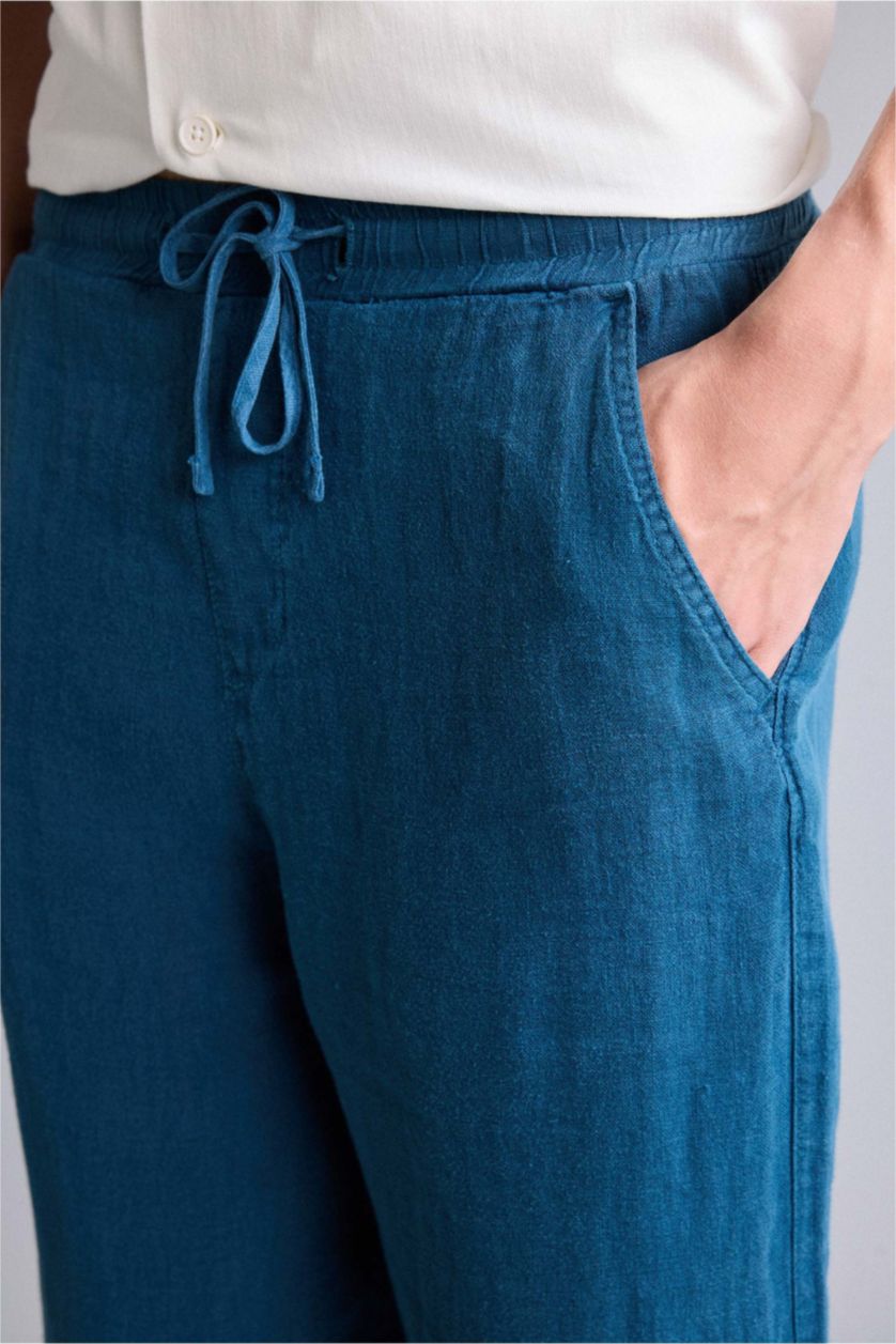 Erkek İndigo %100 Keten Wıde Leg Pantolon