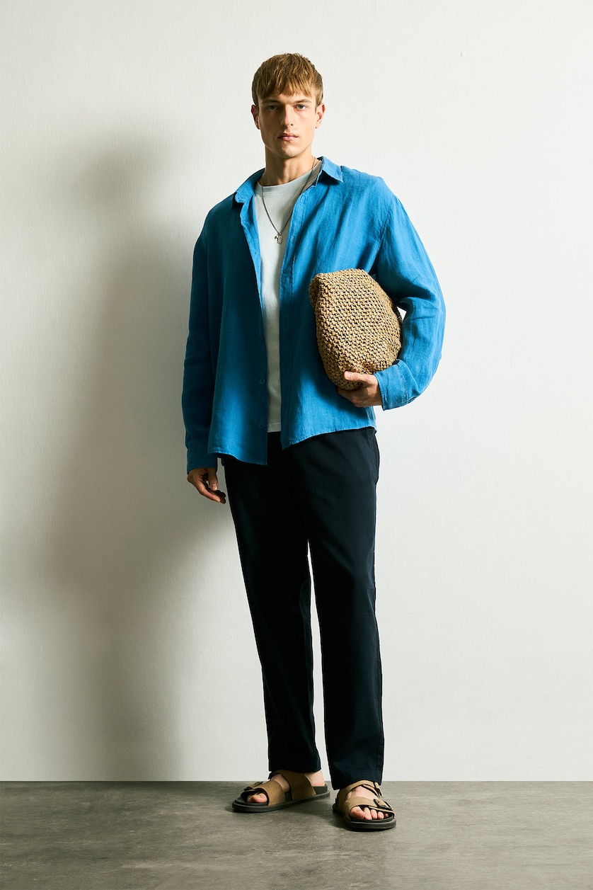 Men Royal 100% Linen Relax Fit Woven Long Sleeve Shirt