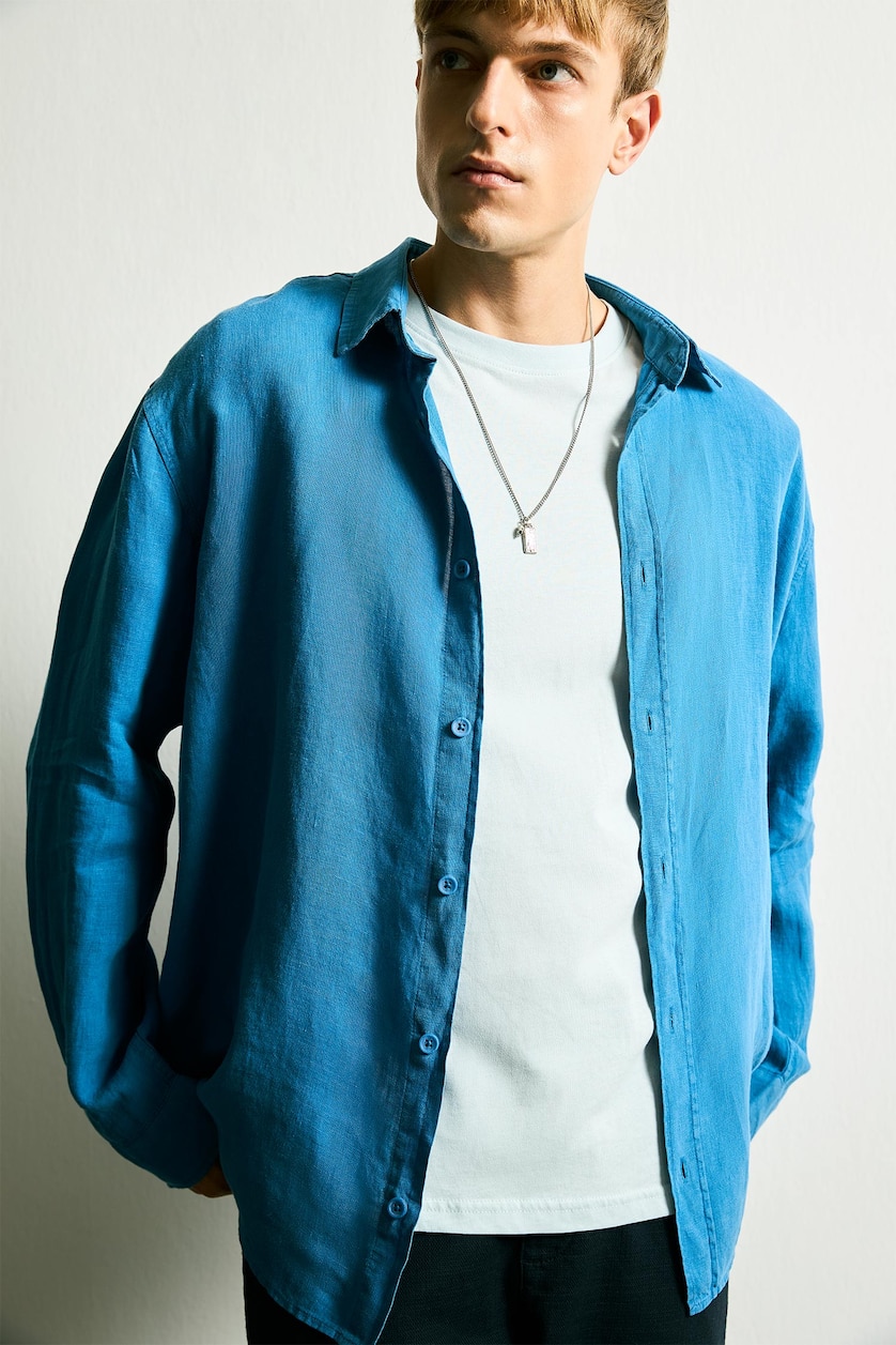 Men Royal 100% Linen Relax Fit Woven Long Sleeve Shirt