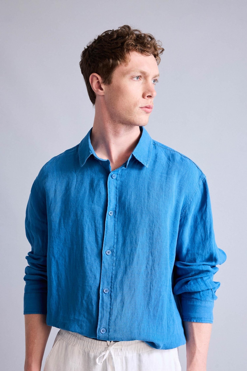 Men Royal 100% Linen Relax Fit Woven Long Sleeve Shirt