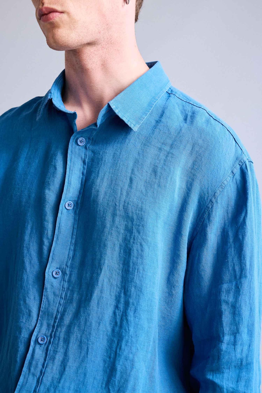 Men Royal 100% Linen Relax Fit Woven Long Sleeve Shirt