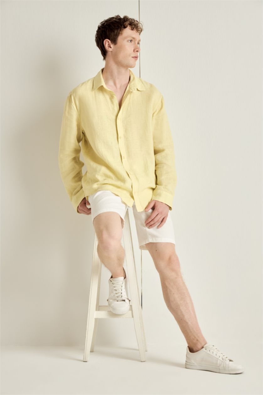 Men Light Green Relax Fit Polo Collar Woven Long Sleeve Shirt