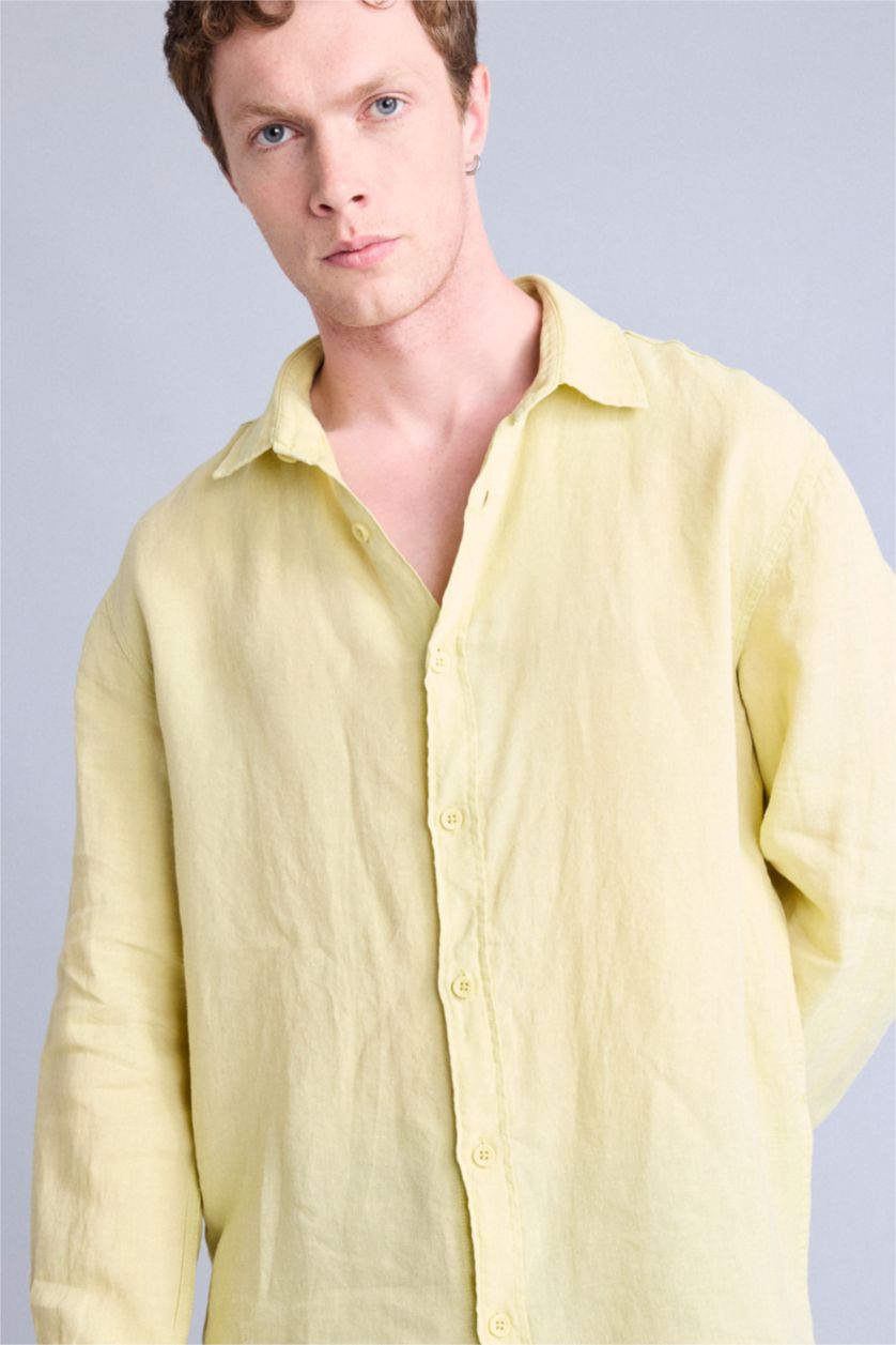 Men Light Green Relax Fit Polo Collar Woven Long Sleeve Shirt