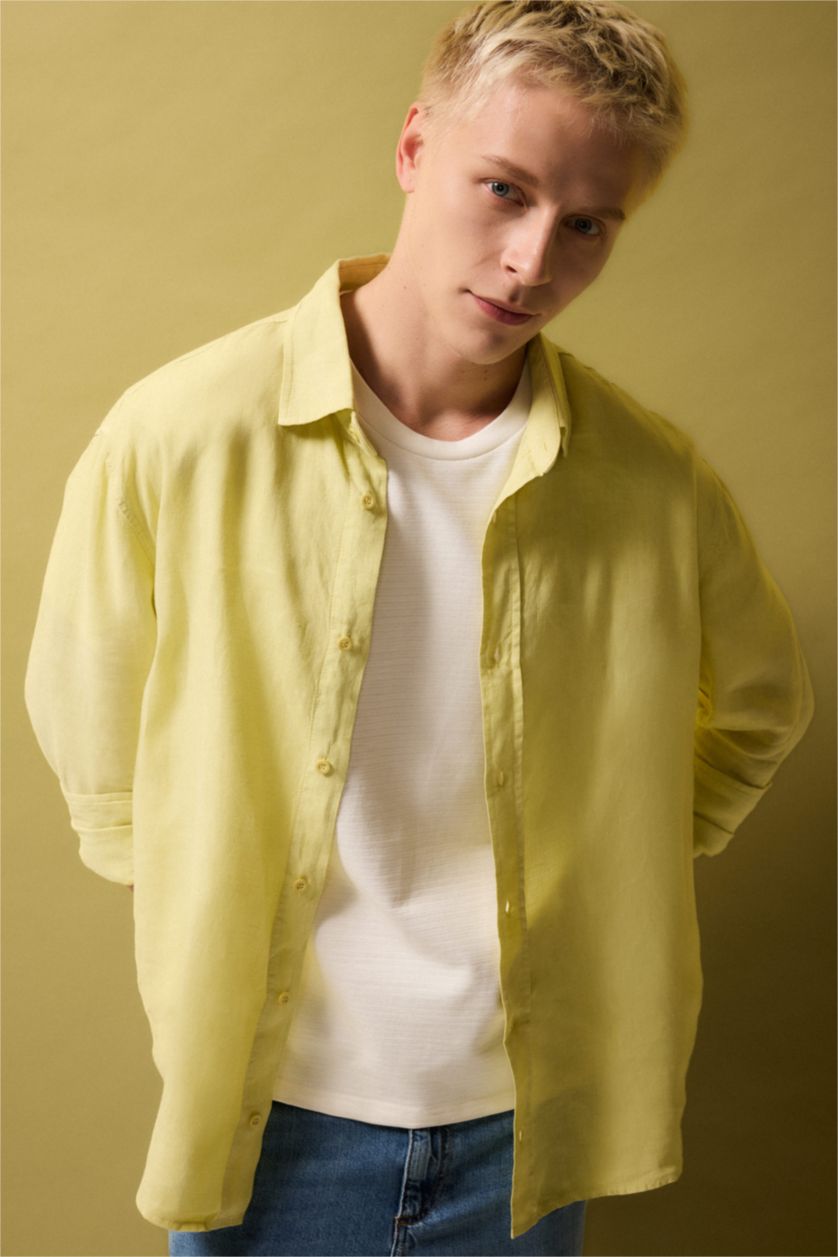Men Light Green Relax Fit Polo Collar Woven Long Sleeve Shirt
