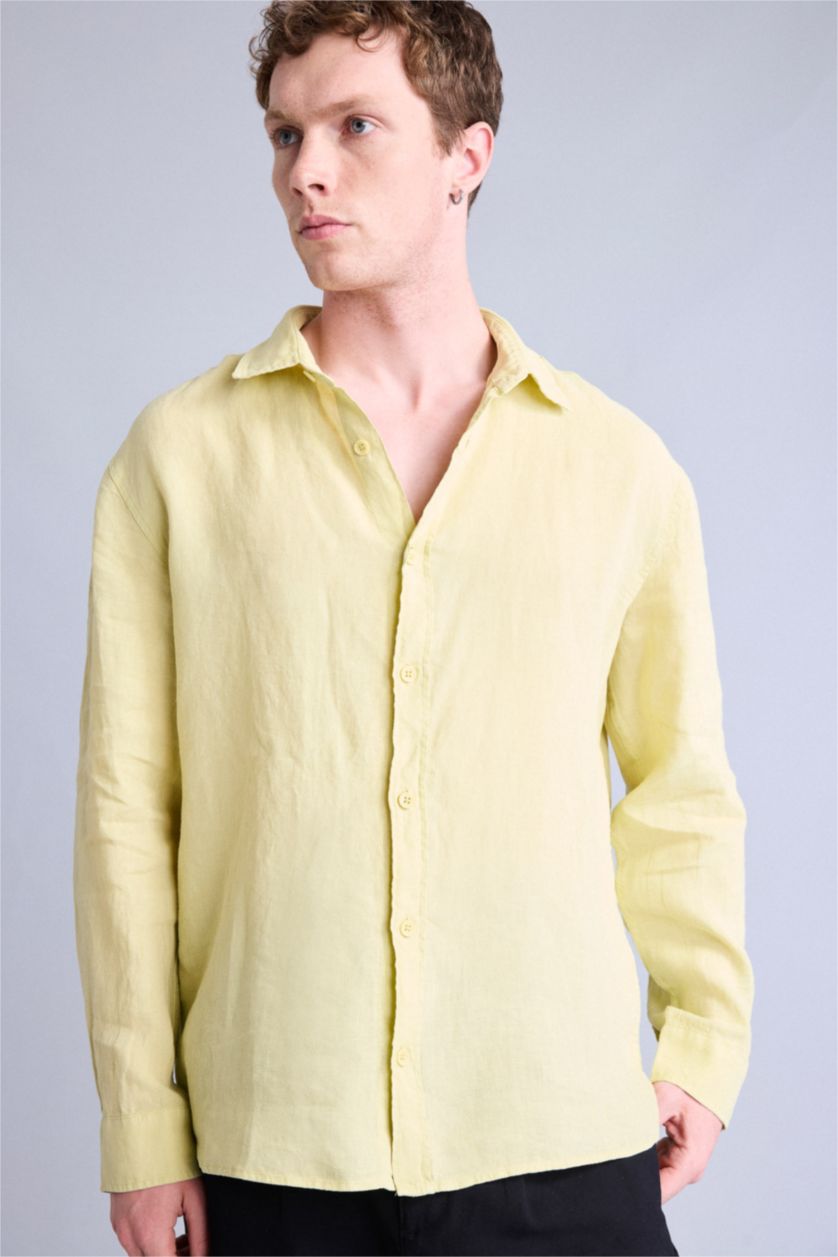 Men Light Green Relax Fit Polo Collar Woven Long Sleeve Shirt