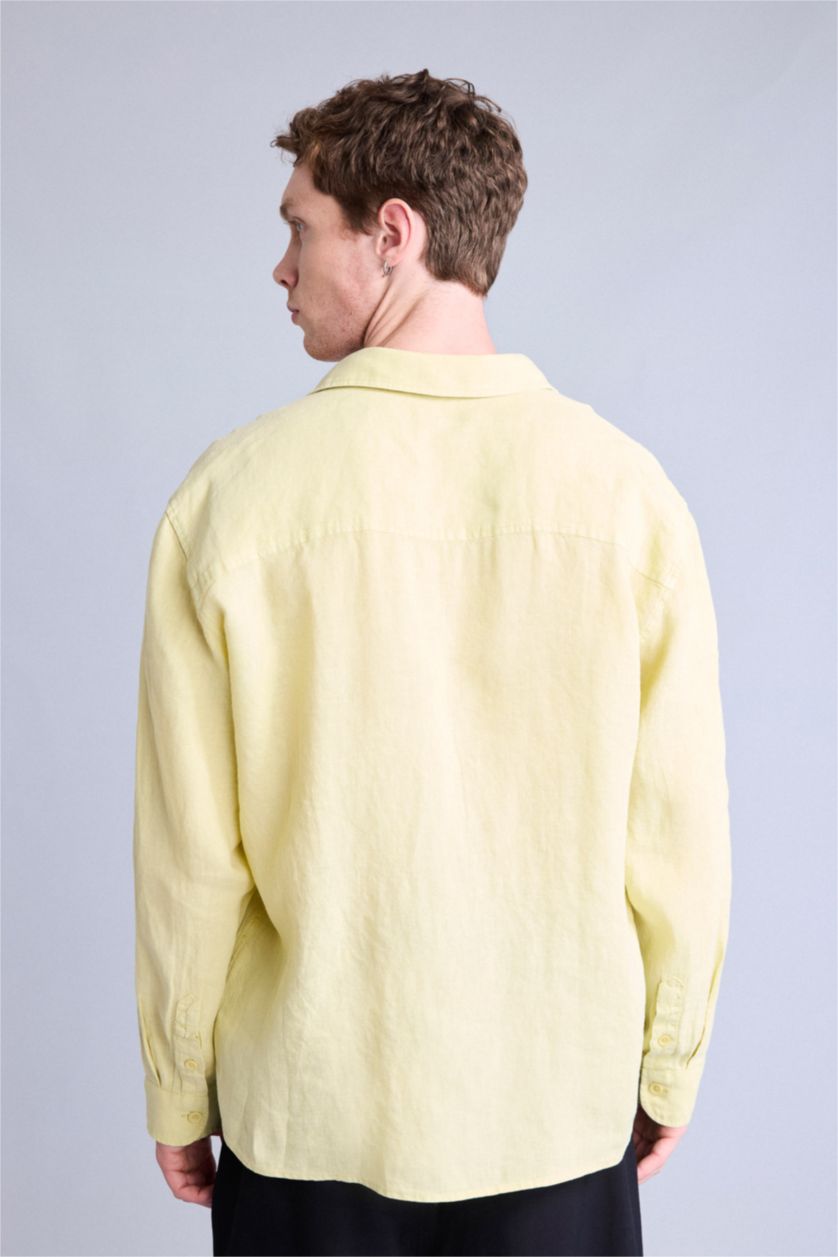 Men Light Green Relax Fit Polo Collar Woven Long Sleeve Shirt