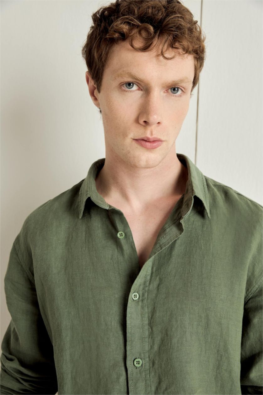 Erkek Yeşil Relax Fıt Polo Yaka Dokuma Uzun Kollu Gömlek