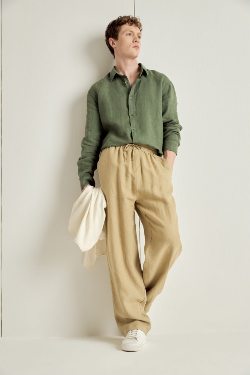 Erkek Yeşil Relax Fıt Polo Yaka Dokuma Uzun Kollu Gömlek